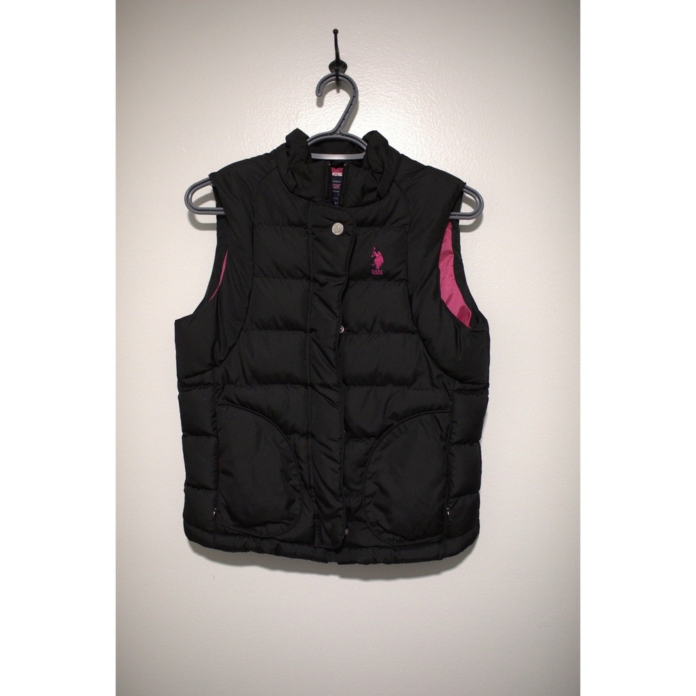US Polo Assn Womens Puffer Vest Black Pink Logo Quilted Sleeveless Jacket Small